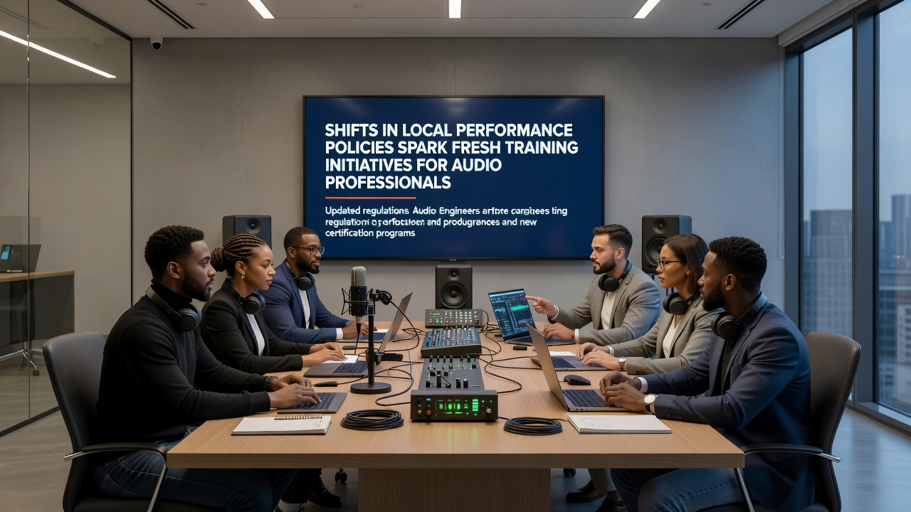 Group of audio engineers reviewing policy documents and equipment specifications during a training workshop