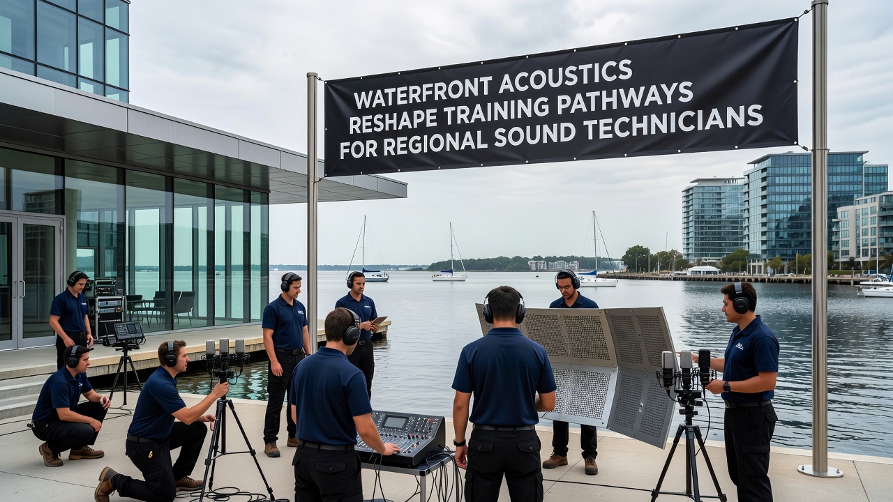 Sound technician adjusting equipment during a waterfront event